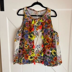 RAGA Boho Floral Tassel Tank Top XL Sheer Festival Blouse